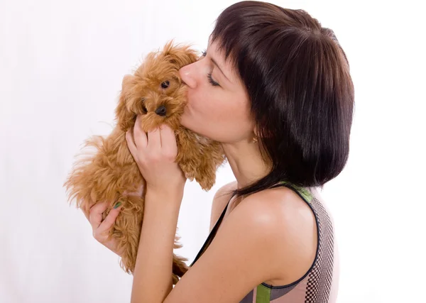 Het meisje kussen een puppy — Stockfoto