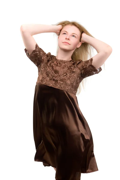 Flickan i en brun klänning — Stockfoto