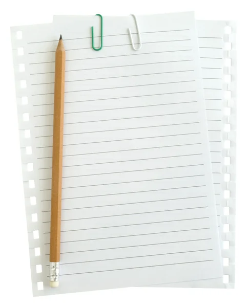 Lápis e uma página com os clipes — Fotografia de Stock