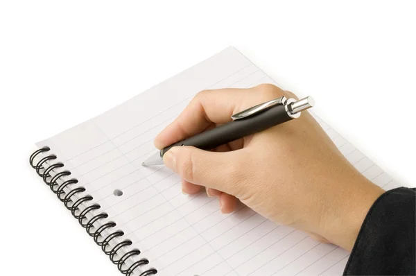 Kalemle üstünde belgili tanımlık defter yazma el — Stok fotoğraf