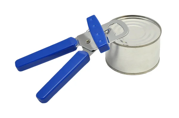 Tin opener and can — Stock Photo, Image