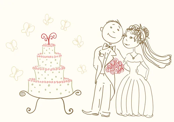 Pastel de boda y novia y novio felices — Vector de stock