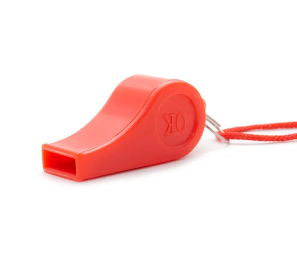 Red whistle with a rope on a white background — Stock Photo, Image