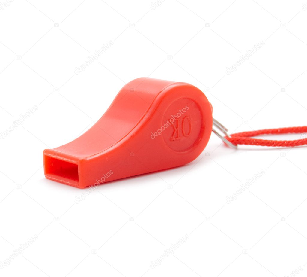 Red whistle with a rope on a white background