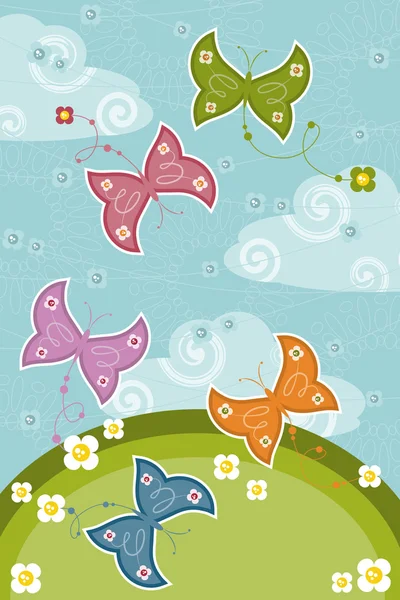 Ευχετήρια κάρτα με πεταλούδες και λουλούδια — Διανυσματικό Αρχείο