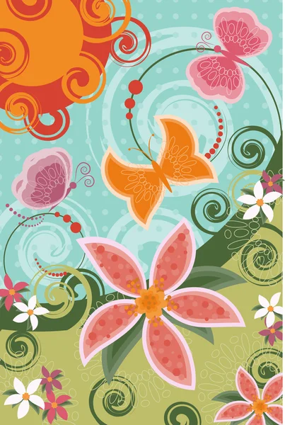 Grußkarte mit Schmetterlingen und Blumen — Stockvektor
