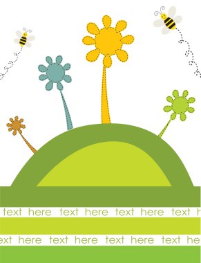 Abstract flowers and bees on the green hill. Vector retro card. clipart