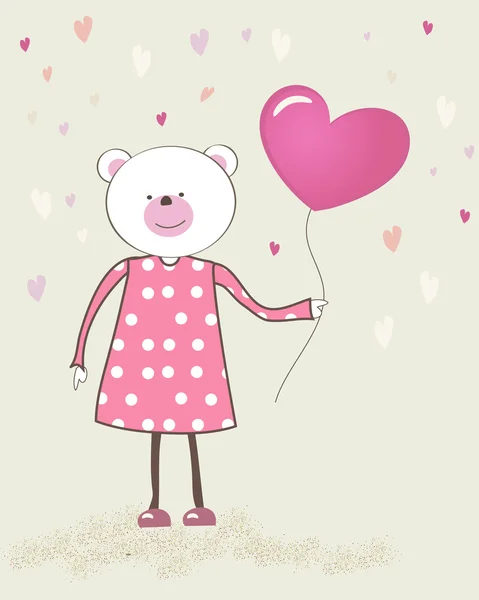 Bärenmädchen mit Herzballon. Vektor. — Stockvektor