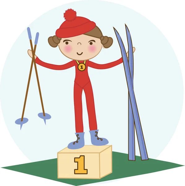 Menina esquiador no pódio vencedor. Ilustração vetorial — Vetor de Stock