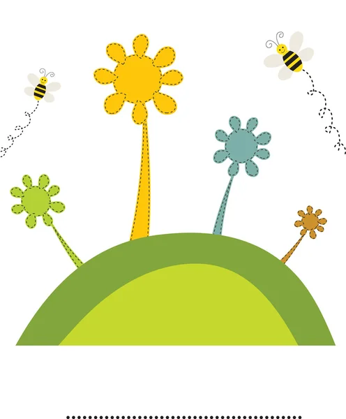Abstrakte Blumen und Bienen auf dem grünen Hügel. Vektor Retro-Karte. — Stockvektor