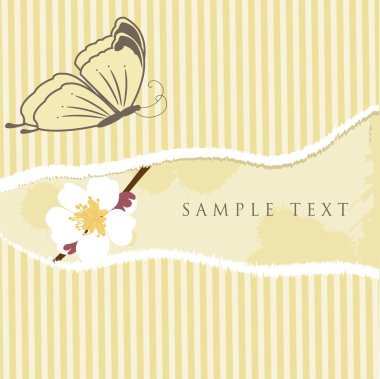 Vintage greeting card with cherry flowers and butterfly. Vector illustratio clipart