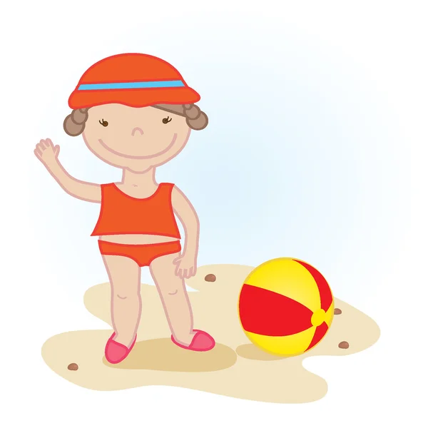 Χαριτωμένο κοριτσάκι με μπάλα παραλία — Διανυσματικό Αρχείο