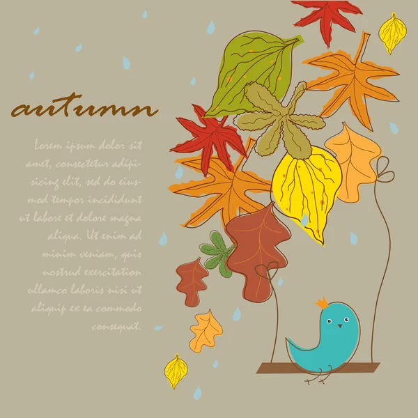 Bezešvé hranice s podzimním listím a roztomilý ptáček — Stockový vektor