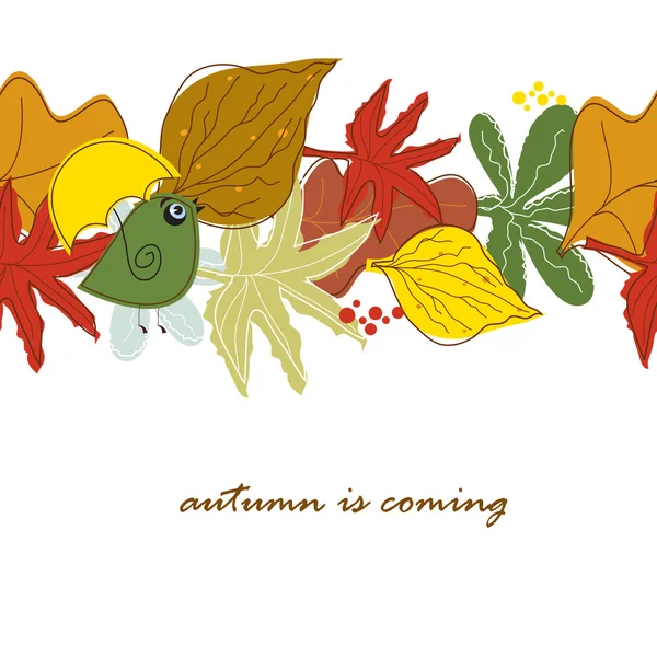 Bezešvé hranice s podzimním listím a roztomilý ptáček s deštníkem — Stockový vektor