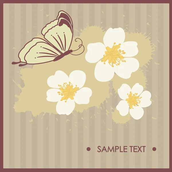 Vintage greeting card with cherry flowers and butterfly. Vector illustratio — Stock Vector