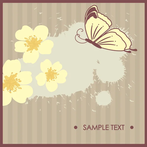 Vintage greeting card with cherry flowers and butterfly. Vector illustratio — Stock Vector