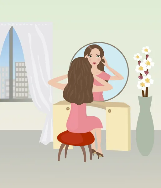 Fille faisant maquillage au miroir — Image vectorielle