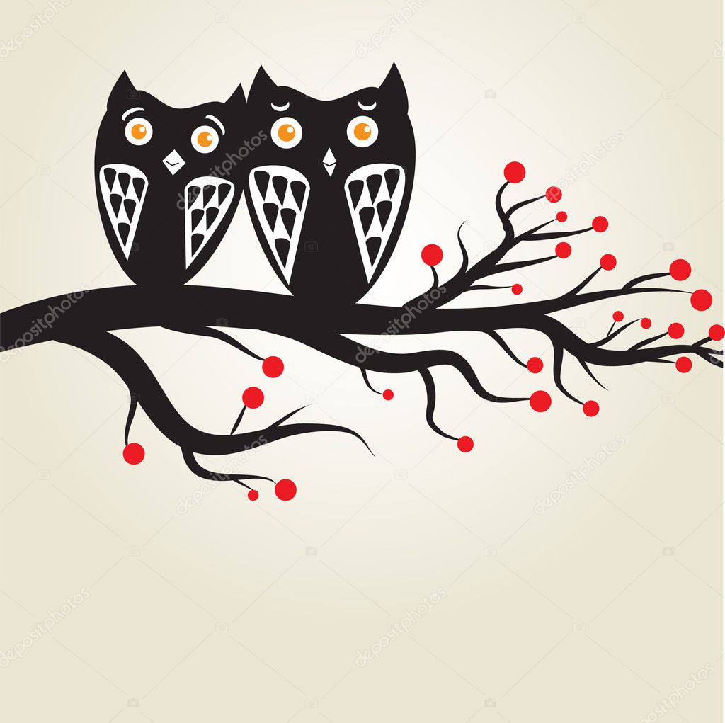 Owls couple on the tree.Vector illustration