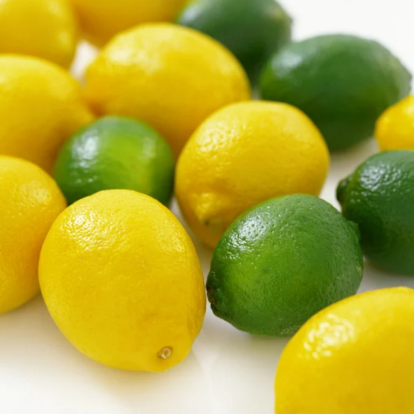 Beaucoup de citrons et de citrons verts sur un bac blanc — Photo