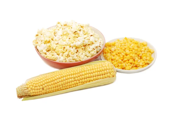 Fresh corn, preserved corn and popcorn — Stock Photo, Image