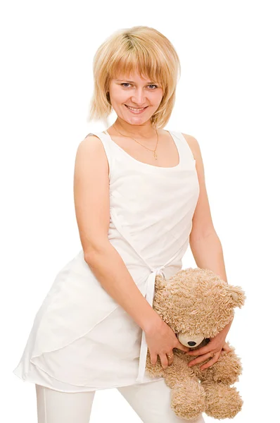 La bella ragazza con un orso giocattolo — Foto Stock