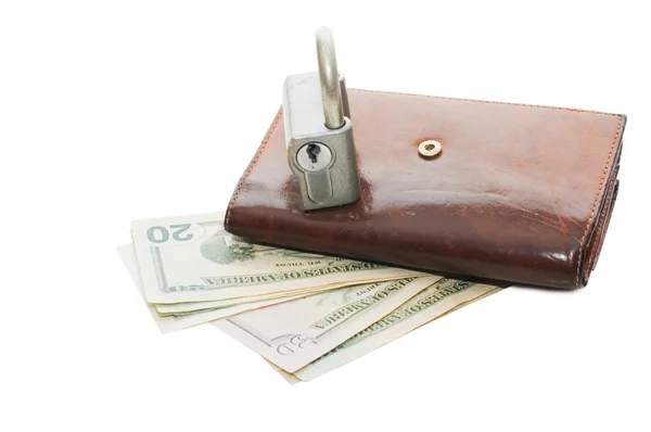 Dinheiro e a fechadura isolada em branco — Fotografia de Stock