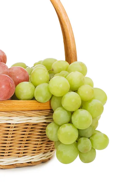 Wattled basket with grapes isolated on white — Stock Photo, Image