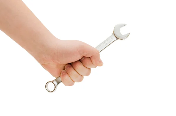 Silver spanners in a man hand isolated — Stock Photo, Image