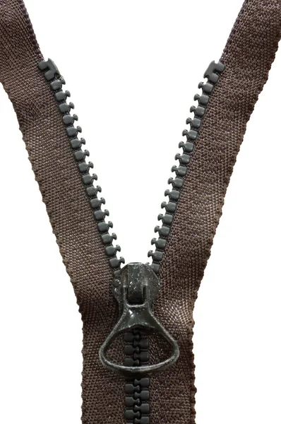 Unzipped black metal zipper on white background — Stock Photo, Image