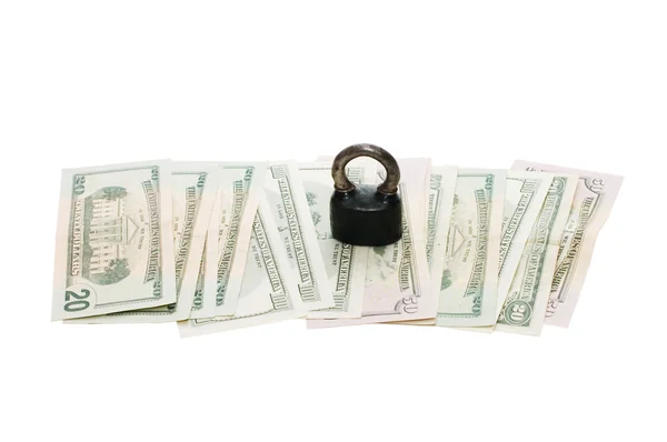 La serratura su soldi isolati su bianco — Foto Stock
