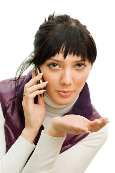 Chica habla por teléfono aislado en blanco — Foto de Stock