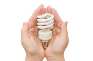 Energy saving light bulb in the palm clipart