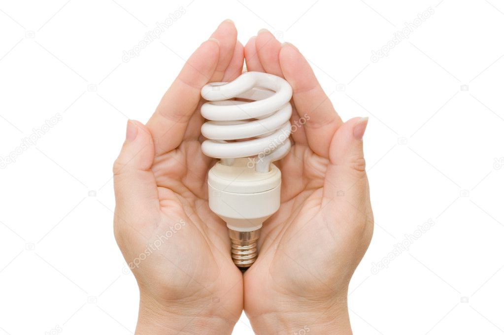 Energy saving light bulb in the palm