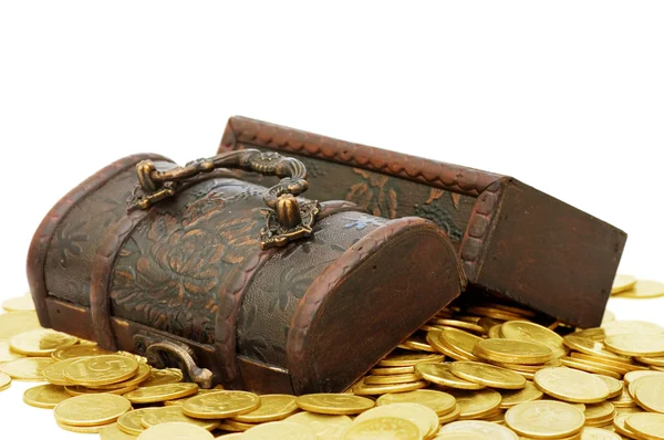 stock image Wooden casket full of coins isolated