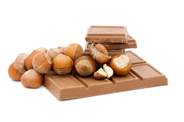 Schokolade und Haselnüsse auf Weiß — Stockfoto