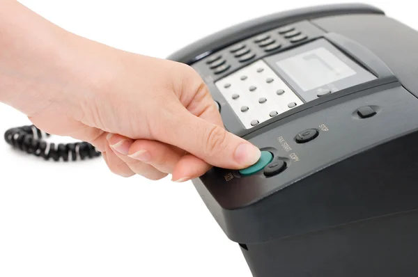 A mão pressiona o botão de fax — Fotografia de Stock