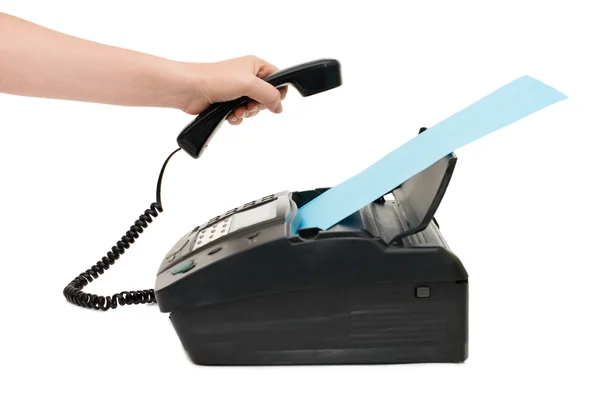 Mão levanta o receptor um fax — Fotografia de Stock