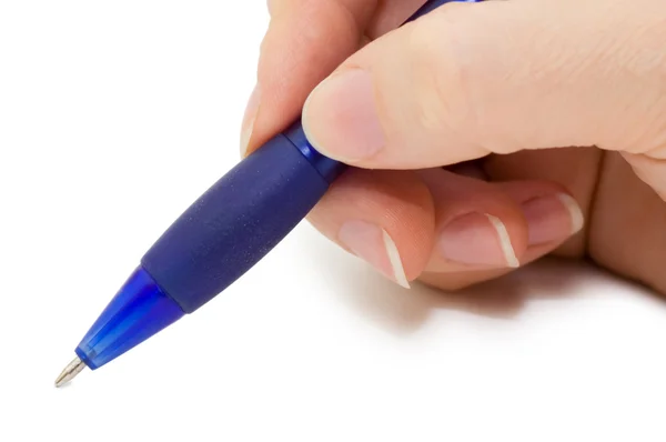 Ручка в руке женщины изолированы на белом фоне — стоковое фото