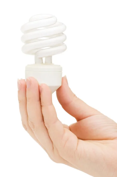 Mão segurando lâmpada fluorescente em forma de espiral compacta — Fotografia de Stock