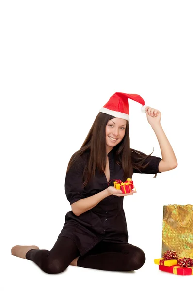 Chica de Navidad con regalos aislados en blanco — Foto de Stock