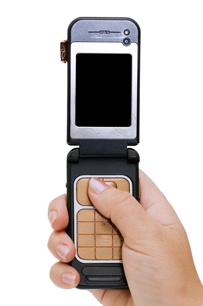 Cellulare in mano isolato su bianco — Foto Stock