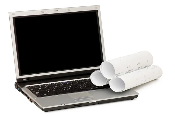Plans and laptop isolated on white background — Stock Photo, Image