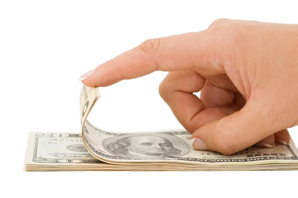 Mão contando dinheiro isolado no fundo branco — Fotografia de Stock