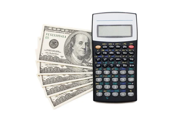 Calculadora y dinero aislados sobre fondo blanco — Foto de Stock