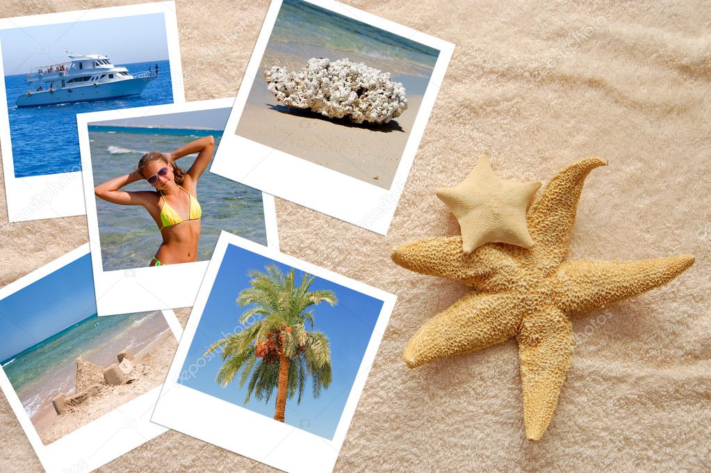 Two starfishes and photos on a beach towel