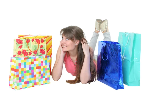 A menina bonita com compras — Fotografia de Stock