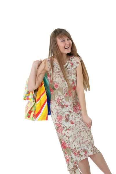 La hermosa chica con compras — Foto de Stock