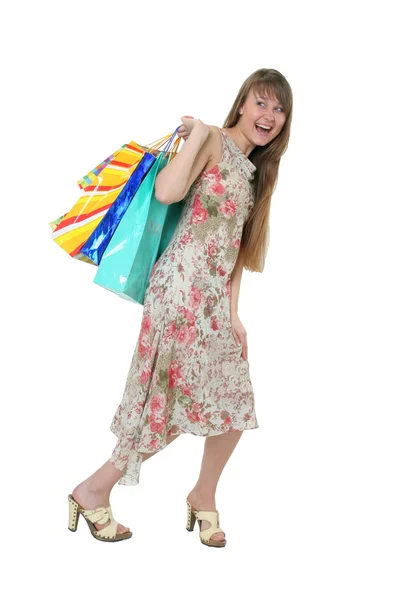 A menina bonita com compras — Fotografia de Stock