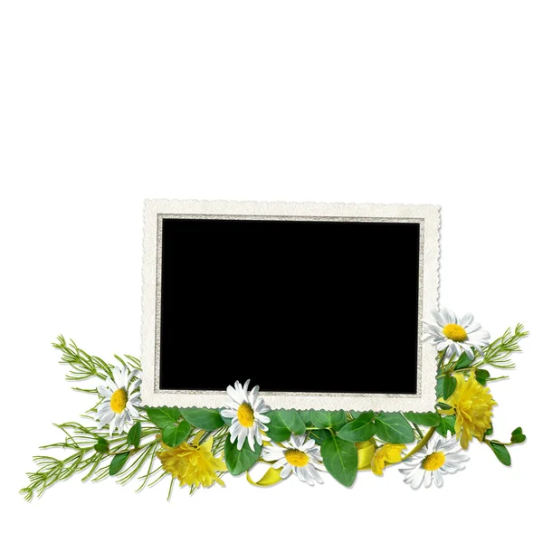 Geïsoleerde delicaat frame voor drie foto's met kleurrijke bloemen — Stockfoto
