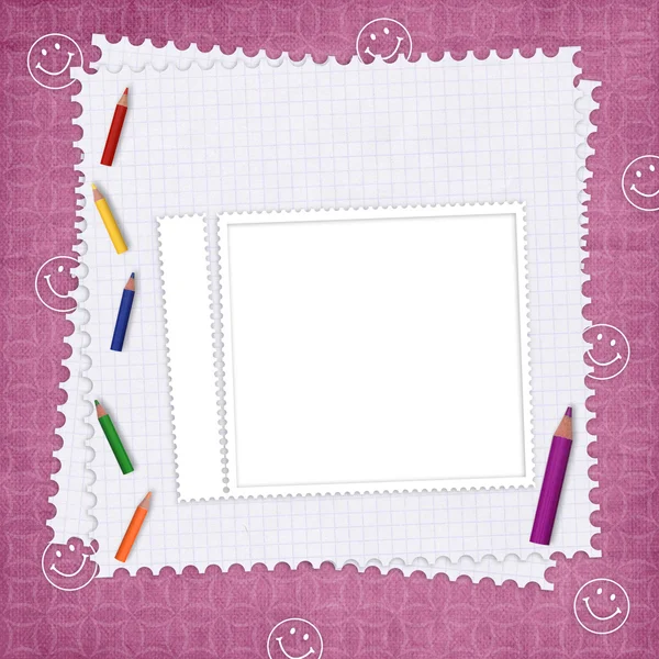 Skolan kort med papper och pennor — Stockfoto